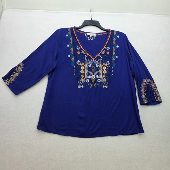 Solitaire Embroidered Tunic Top Blue 3/4 Sleeve Bohemian Boho Women's Large - Picture 1 of 7